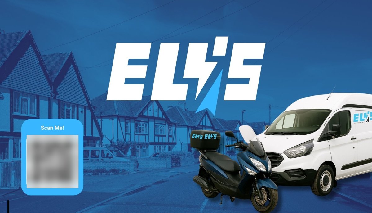 Business card designed for Eli's transport and courier service, with the Eli's logo, a branded scooter and van