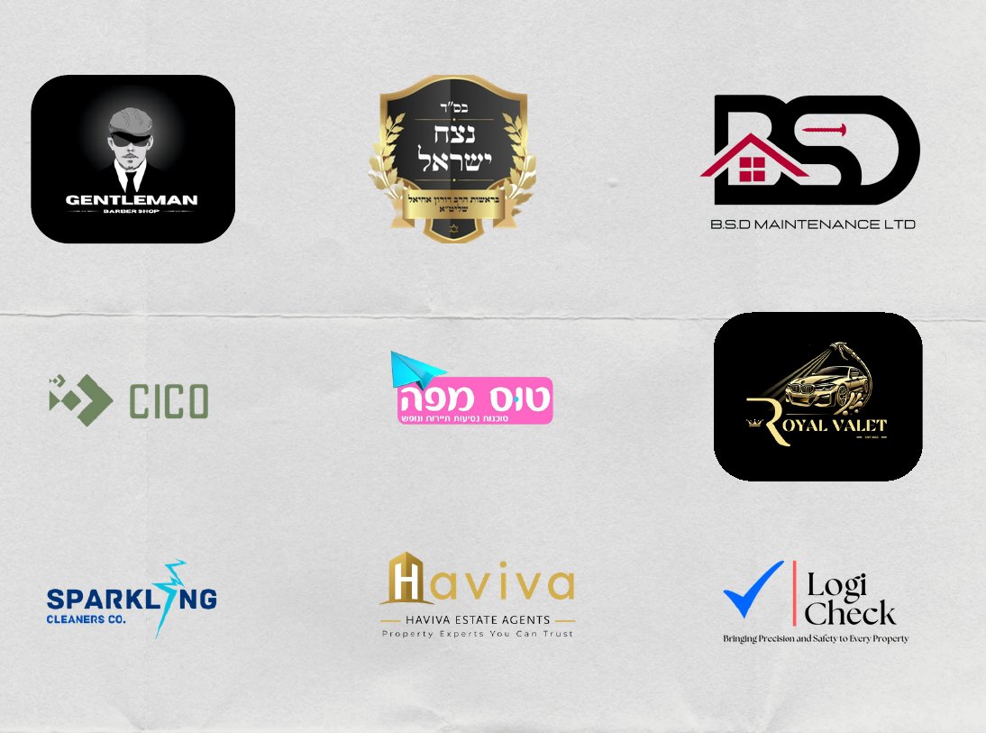 A selection of logos designed by 770 Graphic Solutions, including Gentleman Barbershop, BSD Maintenance, Royal Valet, Haviva Estate Agents and Logi Check